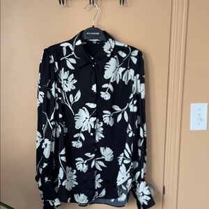 Black and White Balloon Sleeve Floral Button-Up Shirt